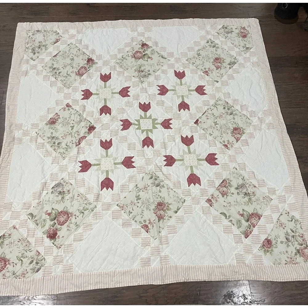 Vtg Handmade Quilt Tulip Floral Block Pattern 84x84